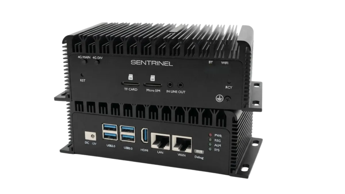 Gateway industri fanless Sentrinel Edge-8 dengan dual Ethernet, USB, HDMI, dan SIM 4G